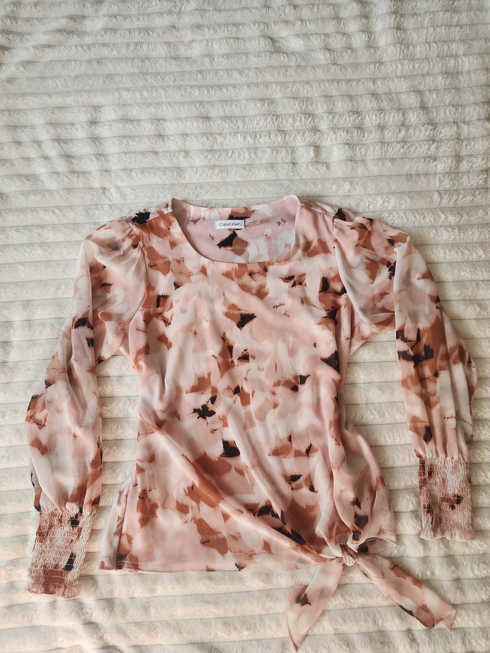 Calvin Klein Abstract Floral Tie Front Blouse Pink Brown Size S